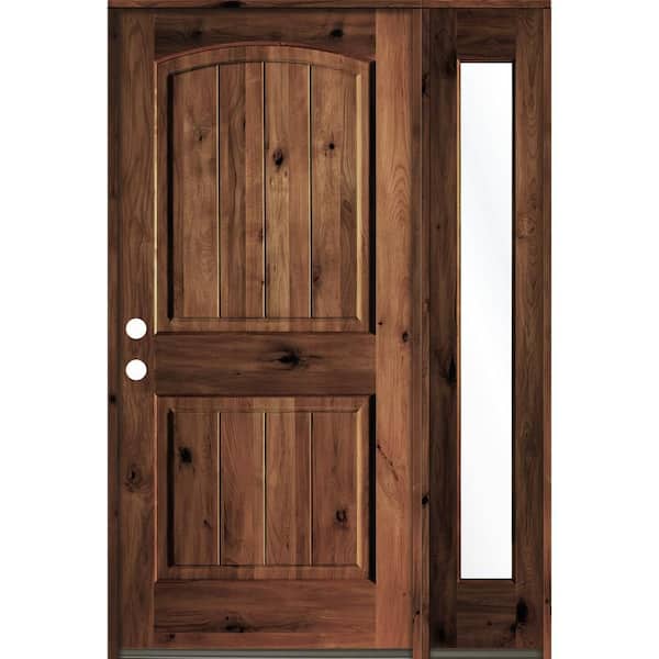 Krosswood Doors 46 in. x 80 in. Rustic Knotty Alder Right-Hand/Inswing Clear Glass Red Mahogany Stain Wood Prehung Front Door with RFSL