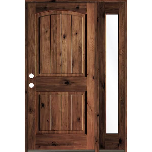 Krosswood Doors 56 in. x 80 in. Rustic knotty alder Right-Hand/Inswing Clear Glass Red Mahogany Stain Wood Prehung Front Door with RFSL