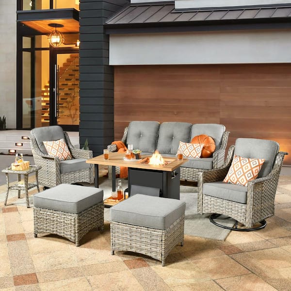 weaxty W Tulip B Gray 7-Piece Wicker Patio Storage Fire Pit Conversation Set with Swivel Rocking Chairs and Dark Gray Cushions