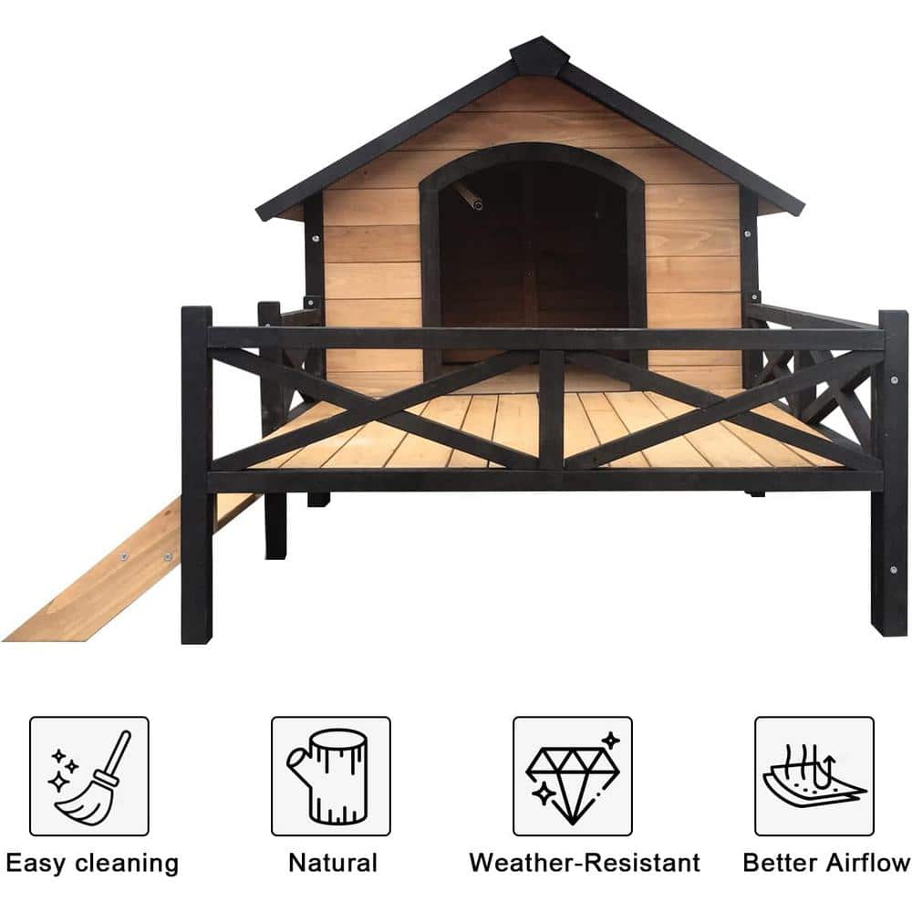 Large Yellow Brown Wooden Cabin Dog House with Porch