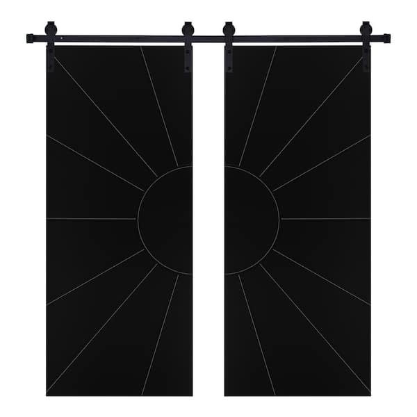 AIOPOP HOME Modern Sun Designed 48 in. x 80 in. MDF Panel Black Painted Double Sliding Barn Door with Hardware Kit