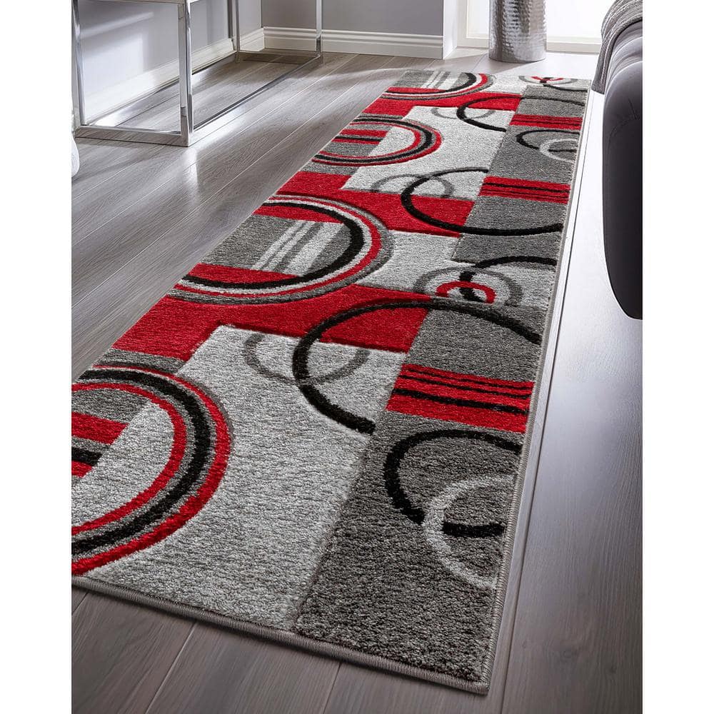 Ruby Galaxy Waves Red and Gray Geometric Runner Rug 2' x 7'