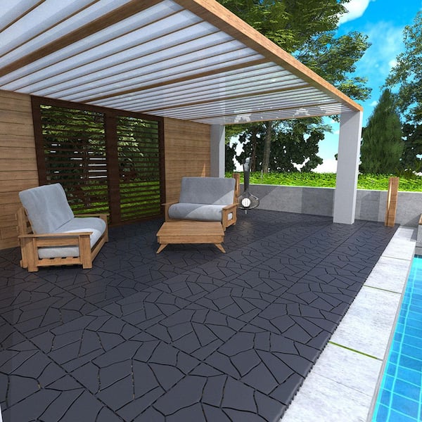 12 in. X 12 in. Dark Gray Outdoor Modular Faux Stone Pattern Interlocking Deck Tile Floor Tile, DIY, 44-Pieces