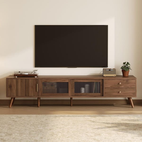Mid Century Natural TV Stand Fits TV's up to 85 in. with Sliding Glass Doors, 2 Drawers, Cabinet