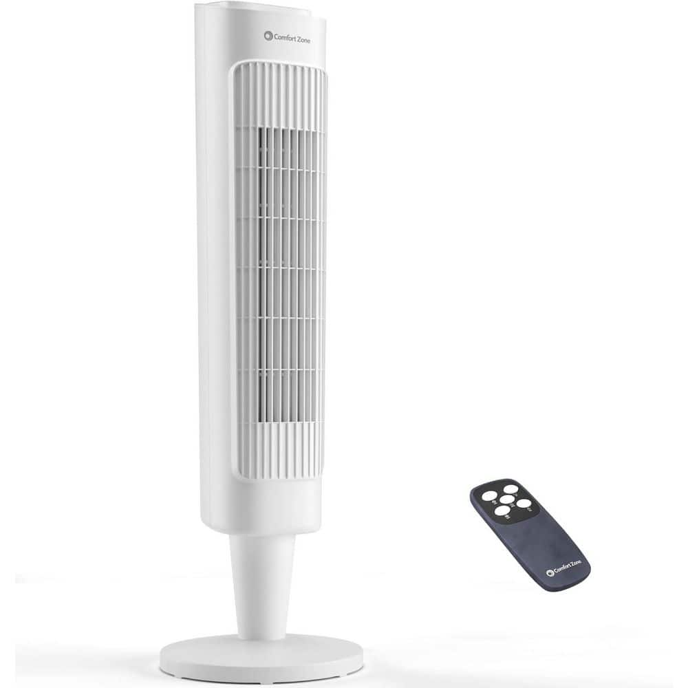 Comfort Zone 36 in. 10.63 in Diameter Base 3-Speed Oscillating Electric Tower Fan with Remote Control, Timer, Carry Handle in White