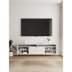 DUMBO 85 in. White Mid-Century Modern TV Stand Fits TV's up to 80 in. with 6-Shelves and 2-Drawers