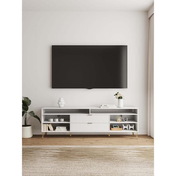Manhattan Comfort DUMBO 85 in. White Mid-Century Modern TV Stand Fits TV's up to 80 in. with SNAP Tool-Free Assembly