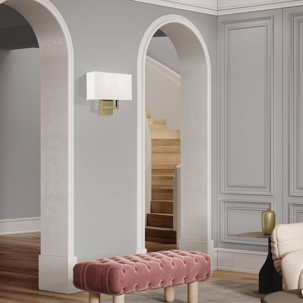 Antique Brass and Off-White Fabric Wall Sconce