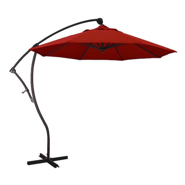 California Umbrella 9 ft. Bronze Aluminum Cantilever Patio Umbrella with Crank Open 360 Rotation in Red Pacifica