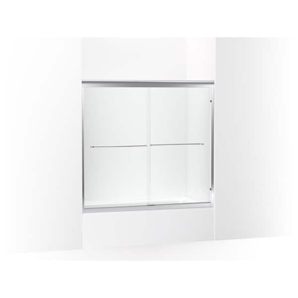 KOHLER Fluence 57 in. W x 55.5 in. H Sliding Frameless Bathtub Door in Bright Polished Silver with Patterned Glass