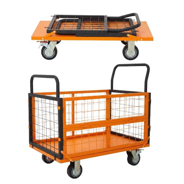 1800 lb Carbon Steel Collapsible Platform Truck, 37 x 23 x 35 in, Cage, Swivel Casters, Orange Body / Black Rails