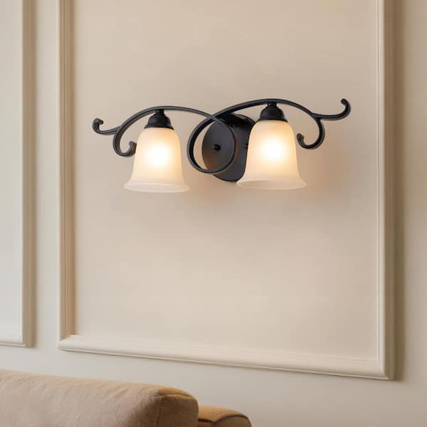21.42 in. Vintage 2-Light Matte Black Wall Sconce with Frosted Bell Glass Shades for Bathroom, Bedroom