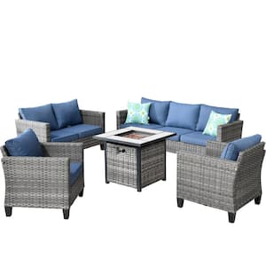 Mars Gray 5-Piece 7-Seat Wicker Patio Conversation Fire Pit Sofa Set with Denim Blue Cushions