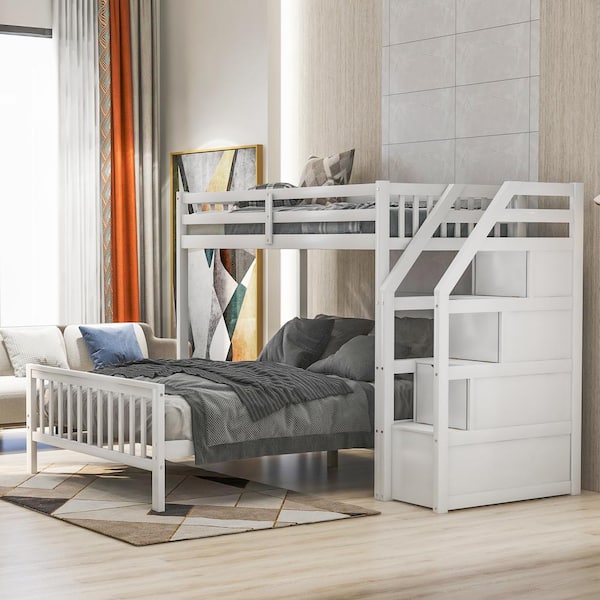 Qualler Alaina White Twin over Full Bunk Bed with Storage Staircase