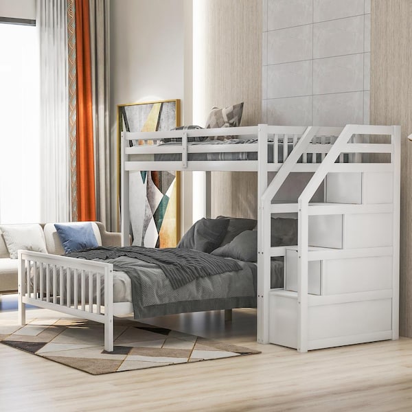 Qualler Alaina White Twin over Full Bunk Bed with Storage Staircase ...