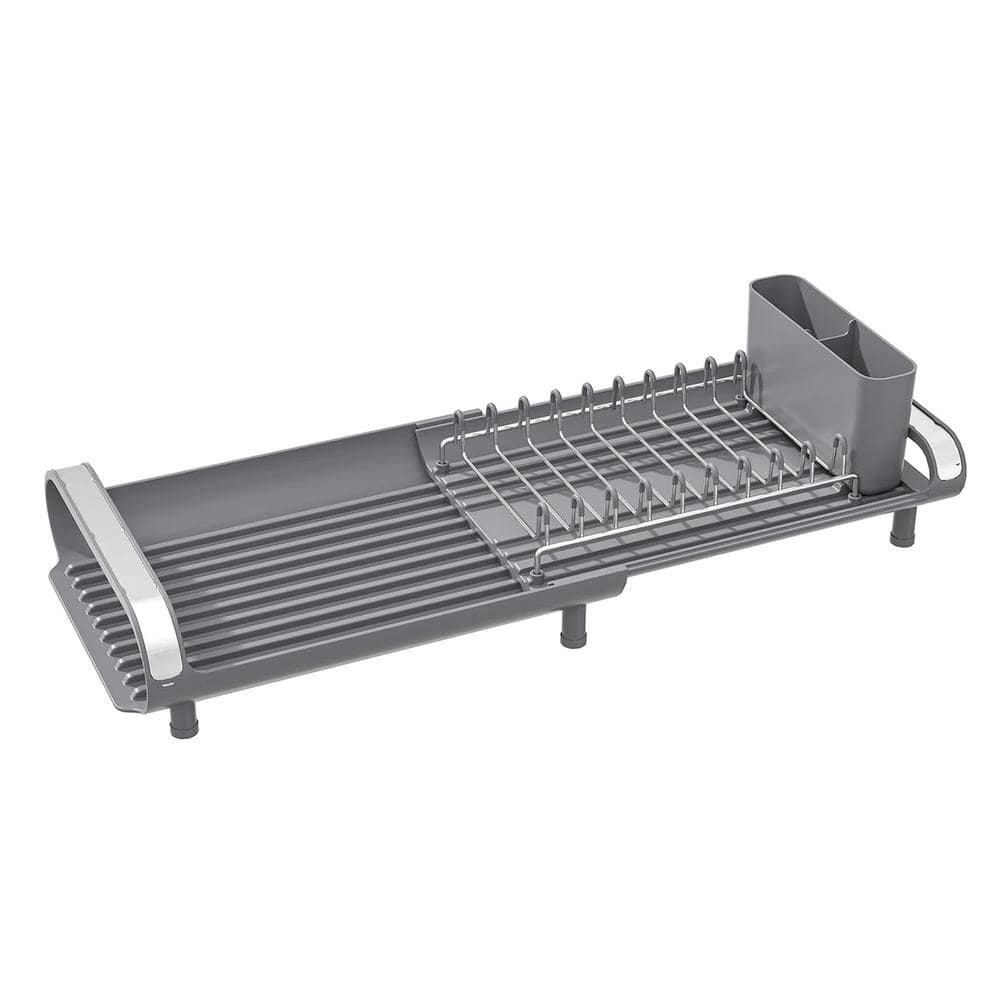 Compact Gray Metal Foldable Dish Rack with Utensil Cup