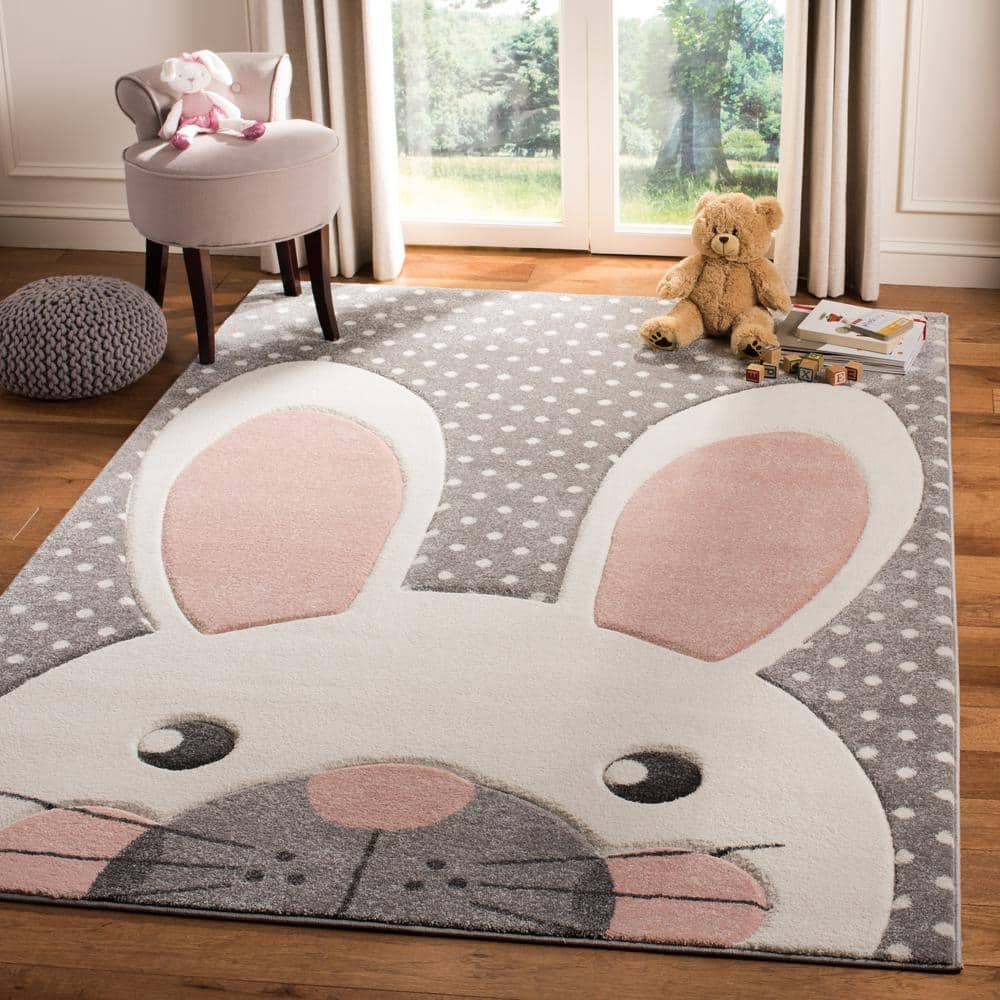 Gray and Pink Synthetic Square Kids Bunny Rug, 3' x 3'