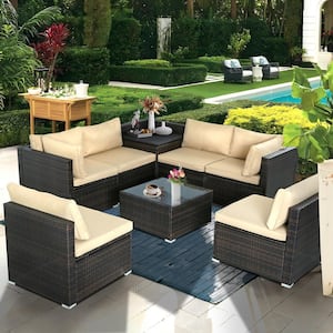 Brown 8-Piece Wicker Patio Outdoor Rattan Furniture Set with Tan Cushion, 6 Sofas, 1 Cushion Box, 1 Coffee Table