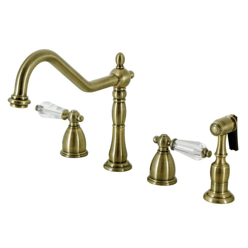 Wilshire 2-Handle Deck Mount Widespread Kitchen Faucets with Brass Sprayer in Antique Brass -  Kingston Brass, HKB1793WLLBS