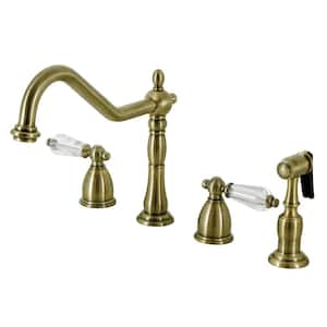 Wilshire 2-Handle Deck Mount Widespread Kitchen Faucets with Brass Sprayer in Antique Brass