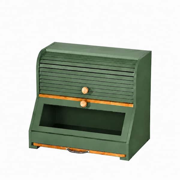 1 Piece Sage Green Bamboo Roll Top Bread Box with Cutting Board, Acrylic Window and 2-Tier Countertop Storage