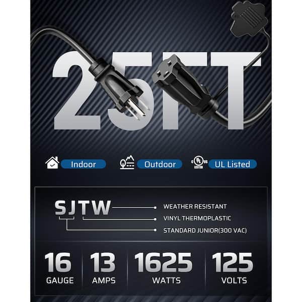 25 ft. 16/3C SJTW Outdoor Extension Cord with 3-Prong 3 Outlets and Safety Cover, Black