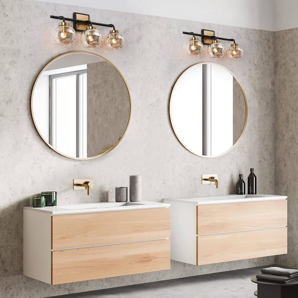 22 in. 3-Light Black and Gold Bathroom Vanity Light, Modern Vintage Brass Vanity Light, Globe Mercury Glass Wall Sconce