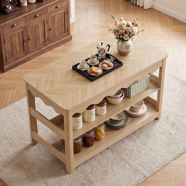 BYBLIGHT Keenyah Beige 59 in. W Kitchen Island w/ Shelves and