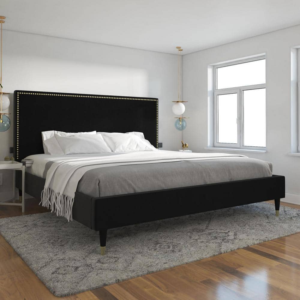 Audrey King Black Velvet Upholstered Platform Bed with Nailhead Trim