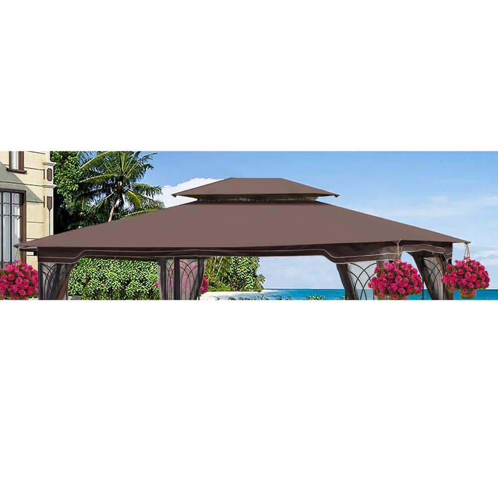 Brown 13 ft. x 10 ft. Patio Double Roof Gazebo Replacement Canopy Top Fabri