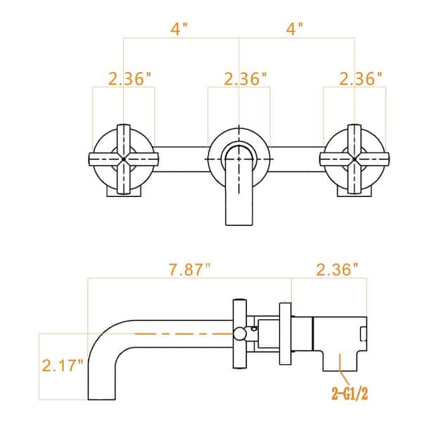 Contemporary Double Handle Wall Mount Bathroom Faucet in Brushed Gold