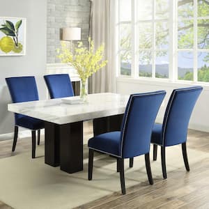 Camila White Marble 70 in. Rectangle Dining Set 5-Pieces with 4-Blue Velvet Upholstered Side Chair