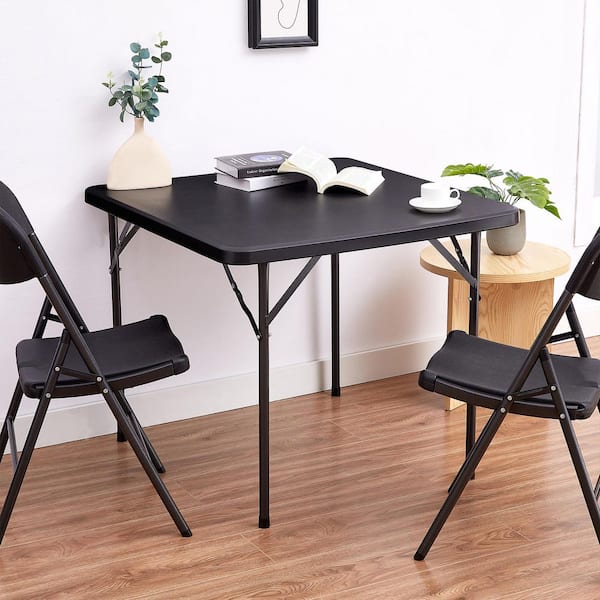 Folding Card Table Square with Mesh Bag, Black 35 in. Portable Heavy Duty Table with Handle for Indoor Outdoor Use