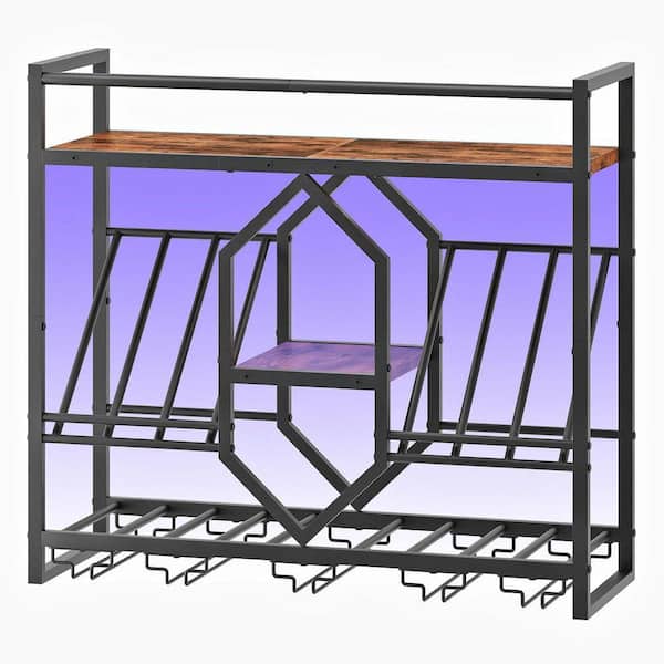 28.7 in. H x 31.5 in. W 5-Bottle Rustic Brown and Black Metal Wall Mounted Wine Rack with LED Light and Glass Holder
