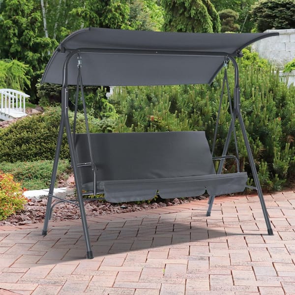 SERGA Black 3 Persons Steel Outdoor Patio Glider Swing Chair with