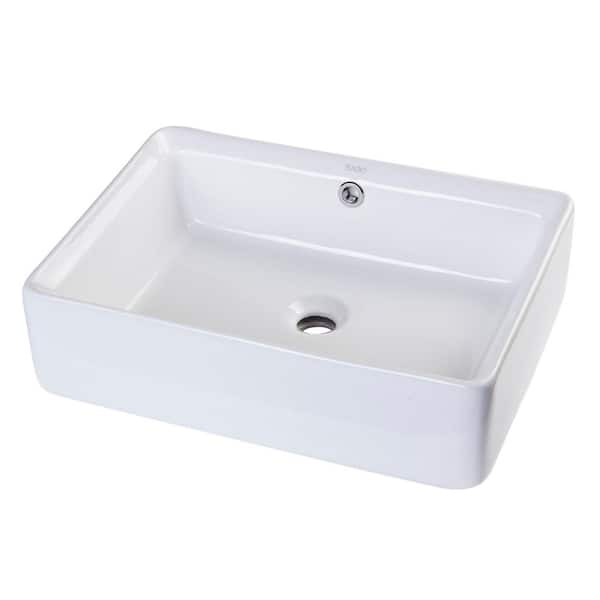 EAGO Rectangular Ceramic Vessel Sink in White with Overflow Cover