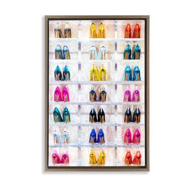 Arranged High Heels by Graffi tee Studios Brown Floater Frame Abstract Graphic Art Print 25 in. x 17 in.