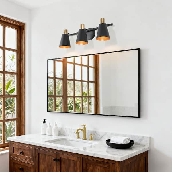 Black and Plated Gold Bathroom Wall Sconce, 22 in. 3-Light Modern Bell Powder Room Vanity Light Fixtures over Mirrors