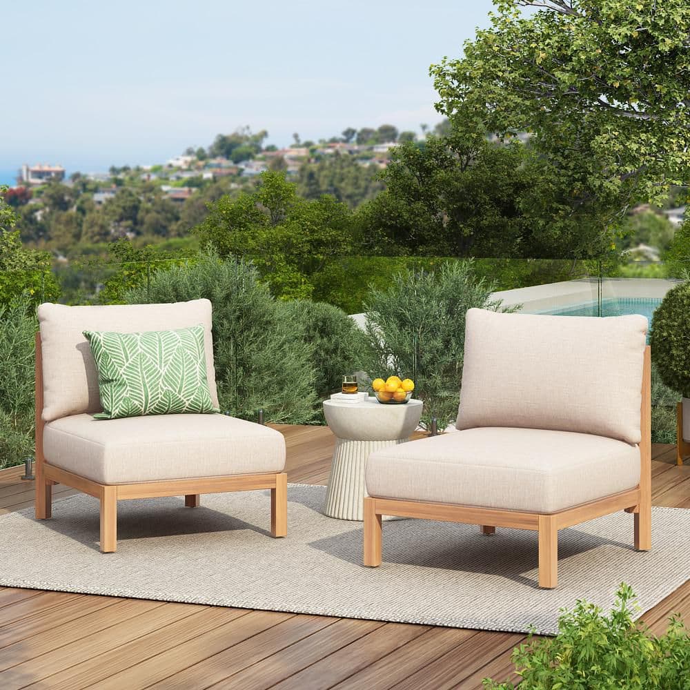 Serenity Light Teak + Beige Rope Woven and Wood Patio Outdoor Lounge Chair with Beige Cushions, Armless, Set of 2 price history on PriceWatchPro