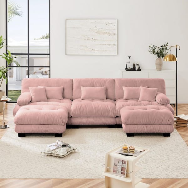Ronald 133.8 in. Chenille Upholstered U Shaped Sectional Sofa in Pink with 2 Ottomans, 2 Lumbar Pillows, 2 Throw Pillows