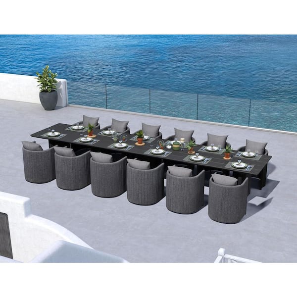 13-Piece Aluminum Outdoor Dining Set Rectangular Dining Table & U-shaped backrest Chairs with Olefin Cushions, Grey