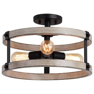 Danvers 16-in W Textured Black and Weathered Gray Farmhouse Semi Flush Mount Cage Ceiling Light