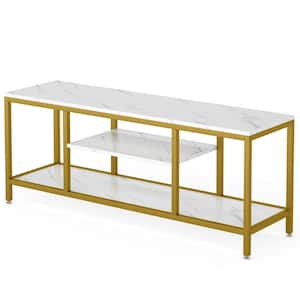 Tabor 59 in. Gold and White TV Executive Desk Stand with 3-Tier Open Storage Shelves up to 65 in.