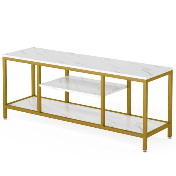 TRIBESIGNS WAY TO ORIGIN Tabor 59 in. Gold and White TV Executive Desk Stand with 3-Tier Open Storage Shelves up to 65 in.