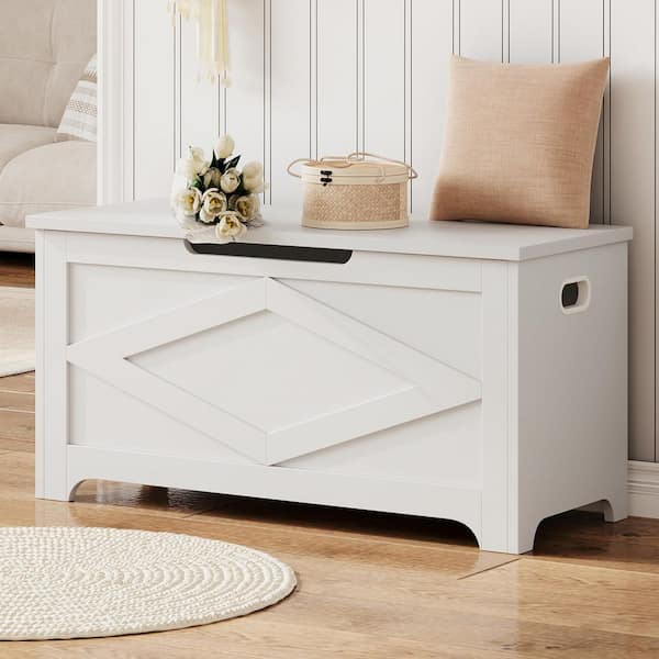 47 Gal. White Wood Outdoor Storage Bench with Safety Hinge for