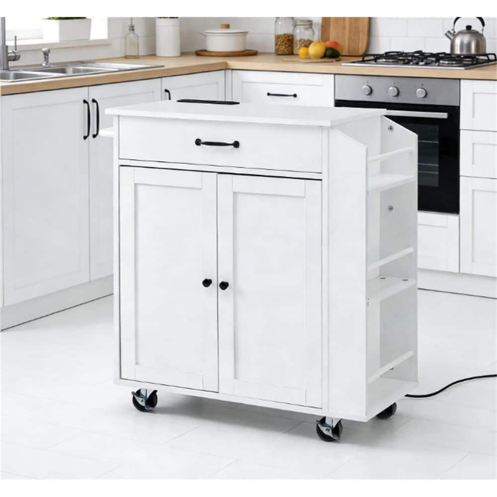 Mobile Wood 36.22 in. White Kitchen Island Rolling Kitchen Cart with Charging Station