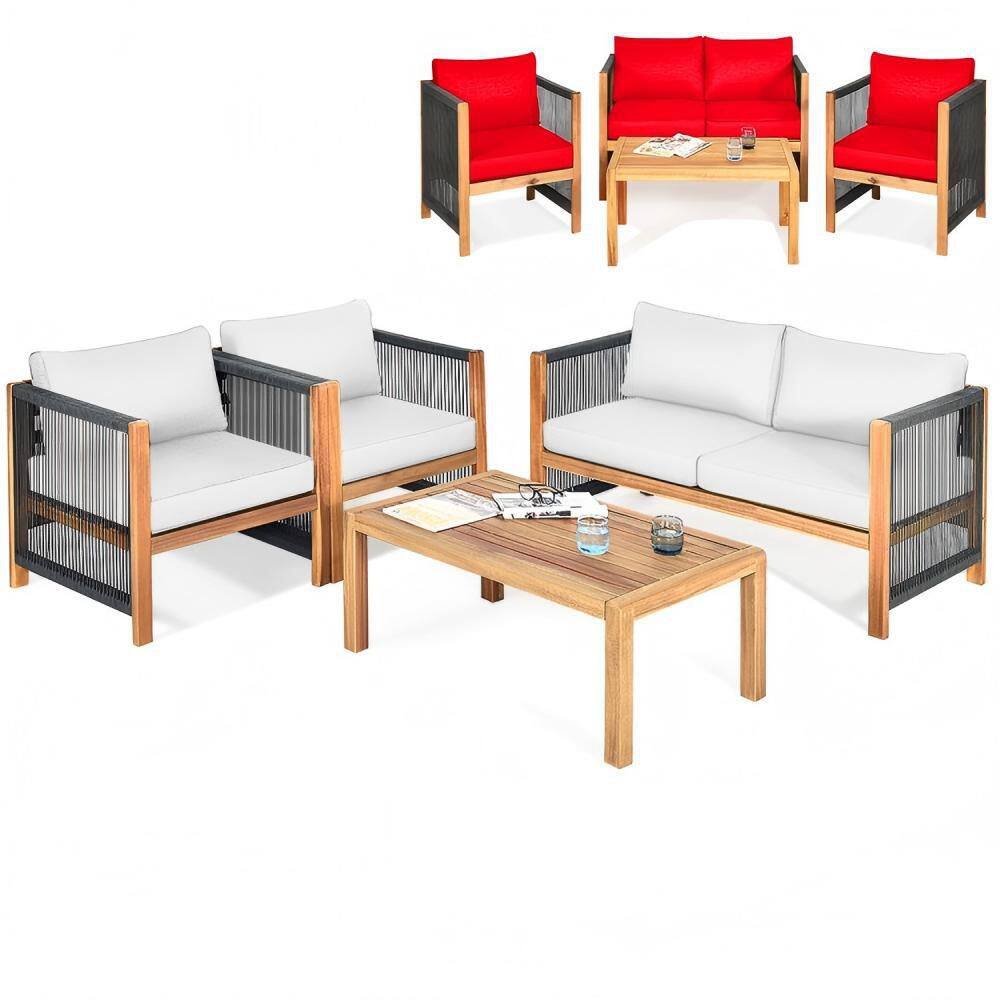 4-Piece Wood Patio Conversation Set with White&Red Cushions for Garden price history on PriceWatchPro