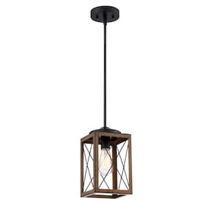 1-Light Matte Black and Barnwood Accents Mini Pendant with Steel Cage Shade