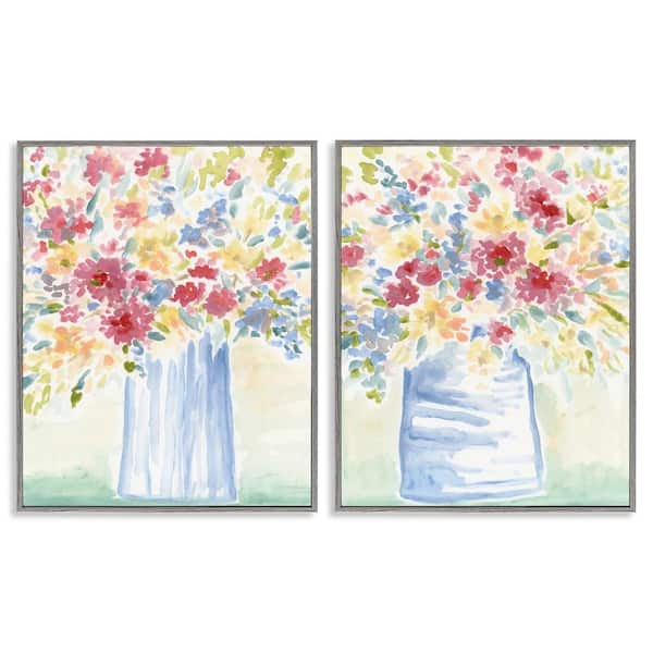 Stupell Industries Soft Speckled Flower Vases by June Erica Vess 2 Pieces Gray Framed Nature Giclee Art Print 14 in. x 11 in.