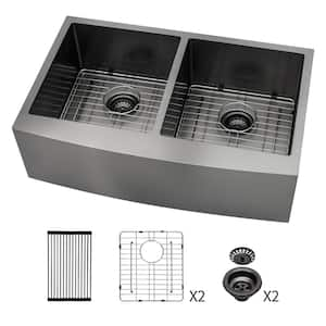 36 in. Farmhouse/Apron-Front 50/50 Double Bowl 16 Gauge Gunmetal Black Stainless Steel Kitchen Sink with Accessories